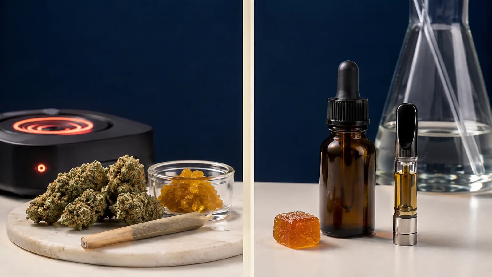 THCA flower, pre-roll, and concentrate beside a hot plate contrasted with Delta 8 tincture, vape cartridge, and gummy